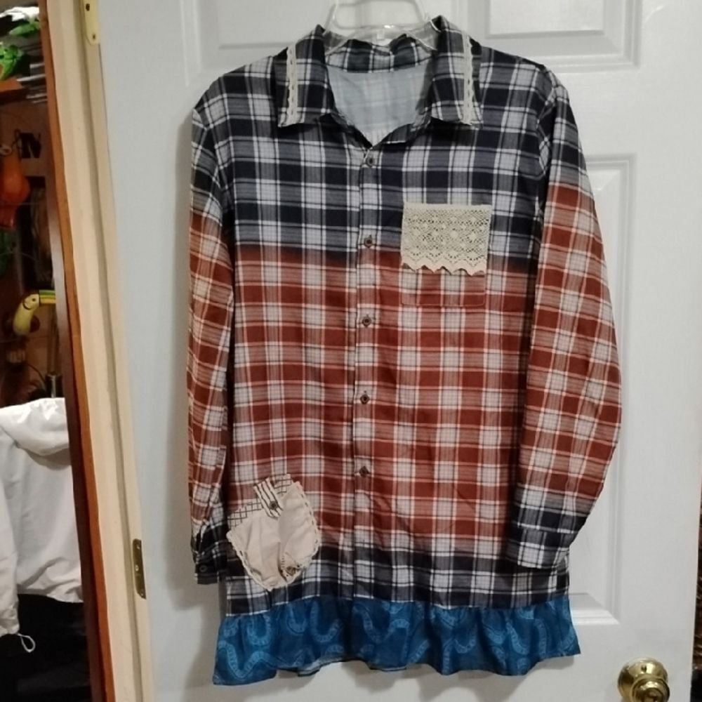 Red and Blue Long Sleeve Button Down Shirt with Notched Collar